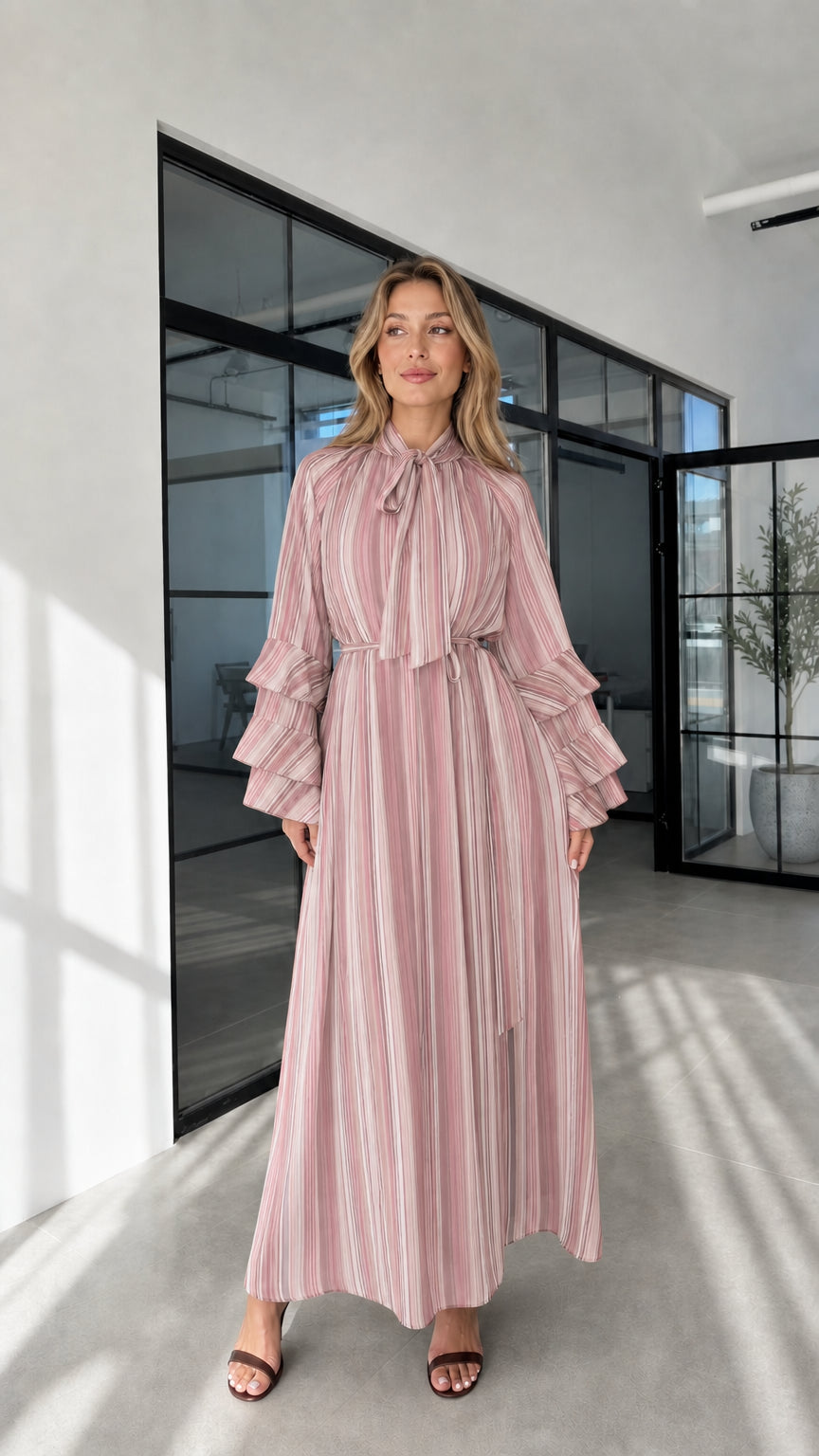 Model wearing pink striped ruffle sleeve maxi dress front view