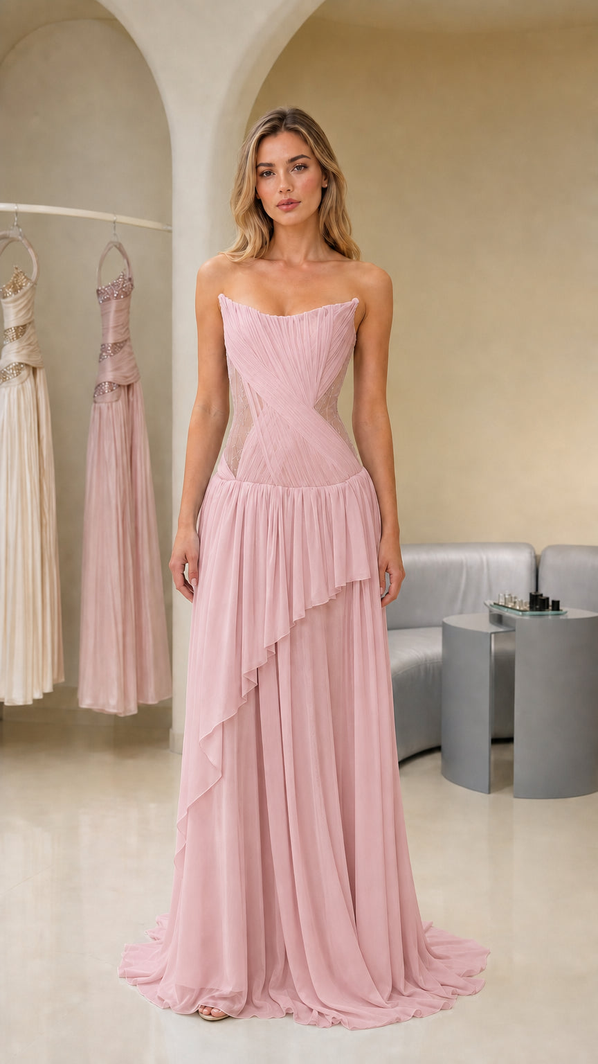 Front view of pink strapless evening gown
