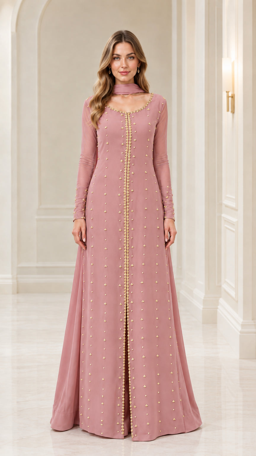 Dusty pink long sleeve beaded evening maxi dress