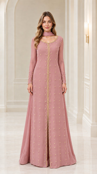 Dusty pink long sleeve beaded evening maxi dress