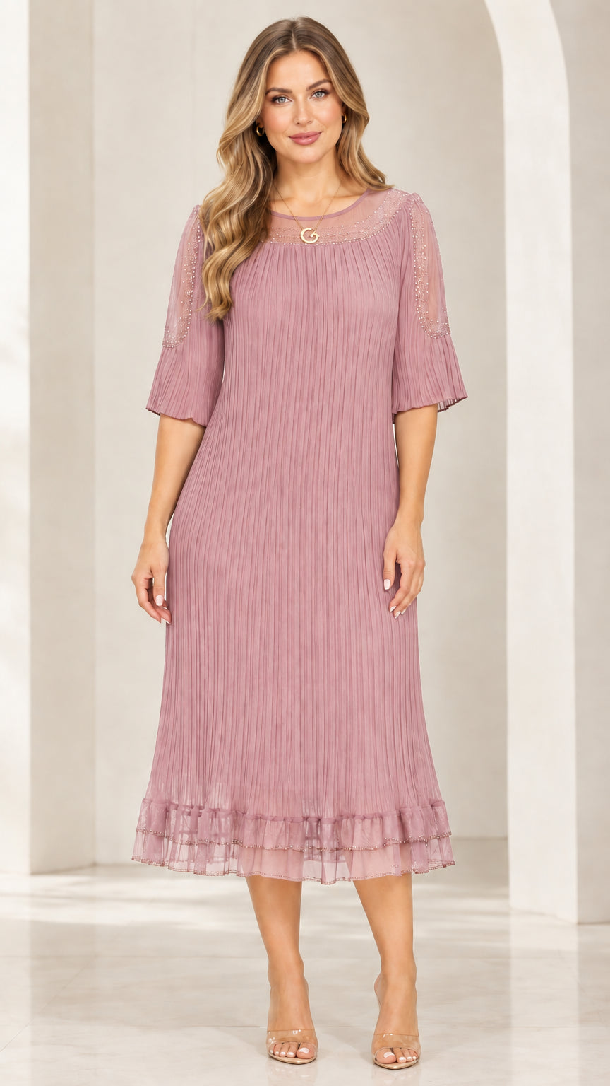 Front view of woman wearing Dusty Rose rhinestone pleated midi dress