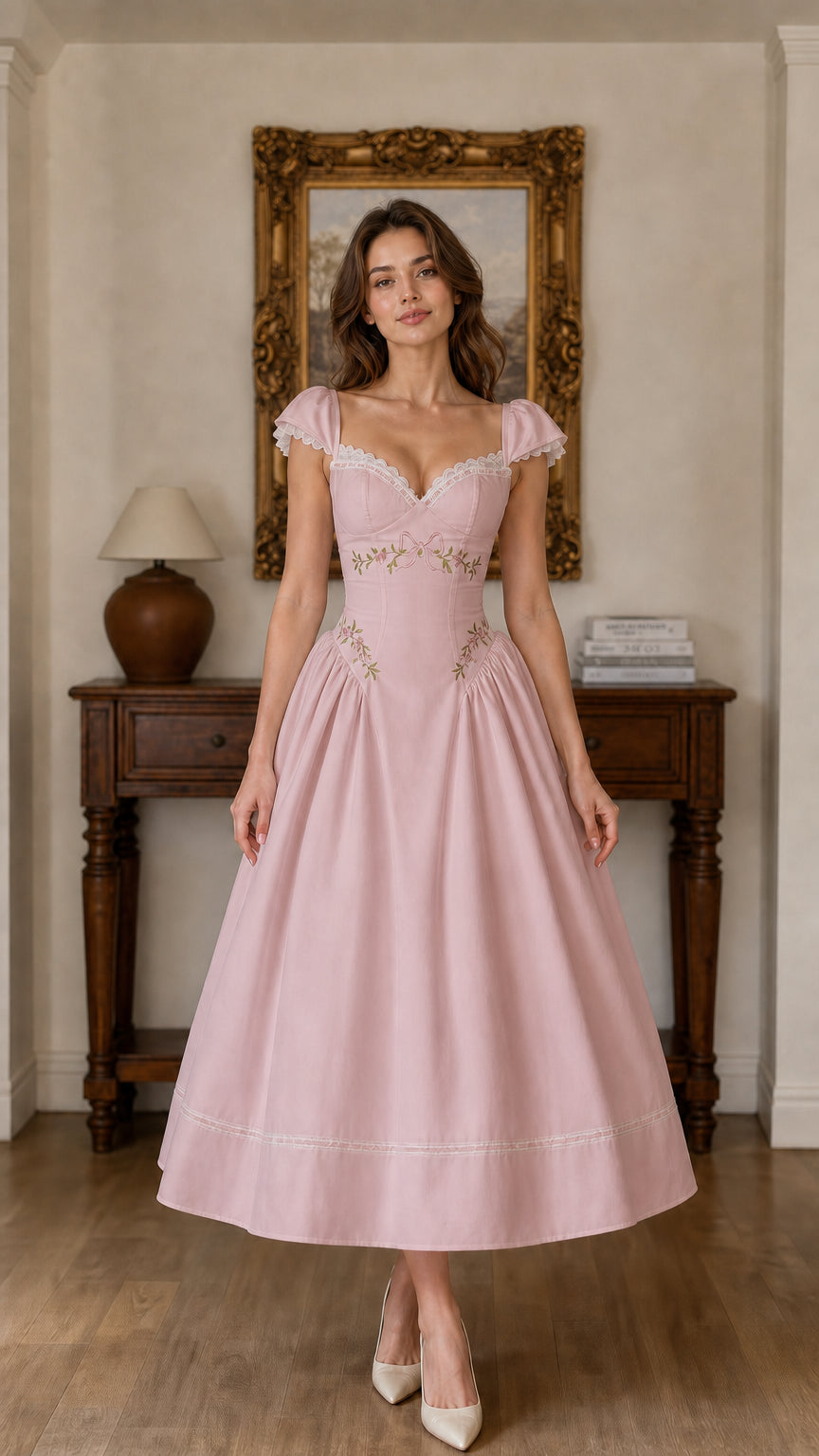 Front full view of Pink embroidered sweetheart midi dress