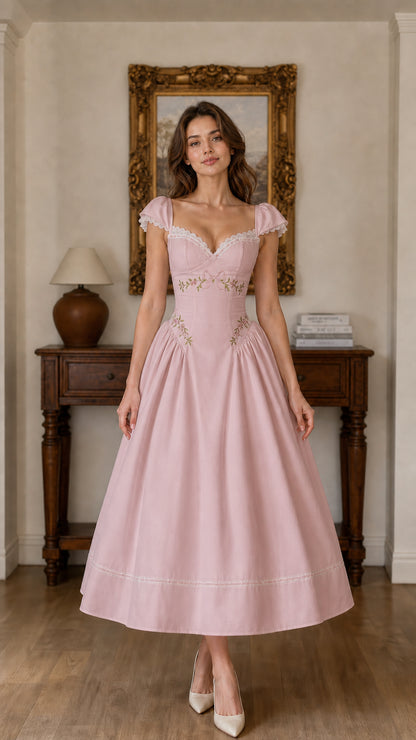 Front full view of Pink embroidered sweetheart midi dress