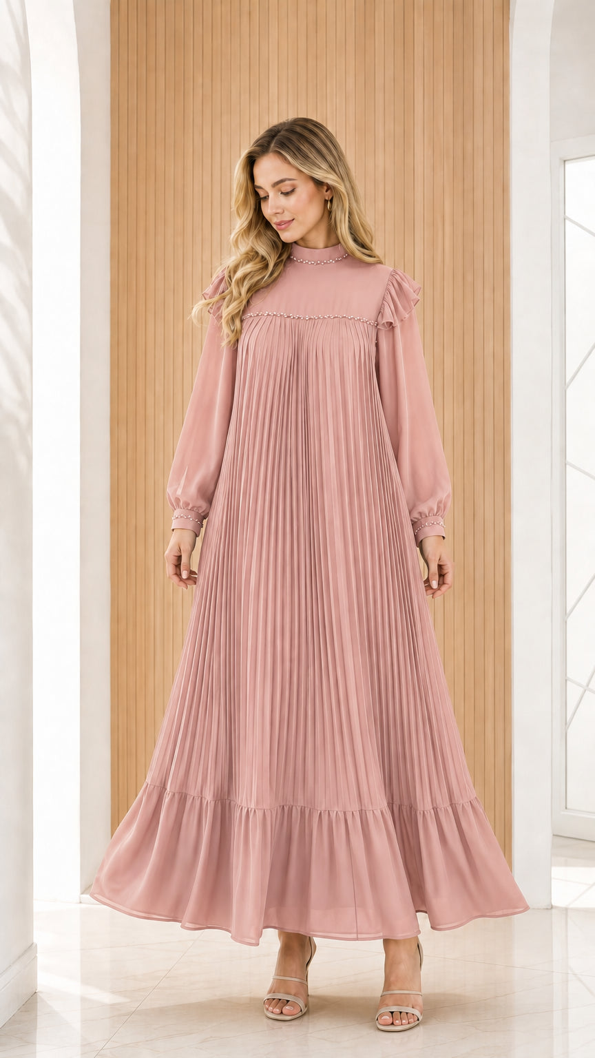 Dusty pink long sleeve modest pleated evening maxi dress