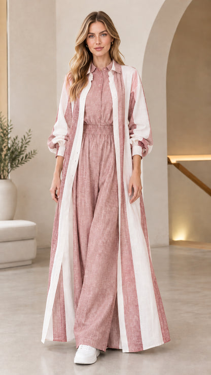 Full front view of dusty rose pink collared jumpsuit and striped maxi duster set