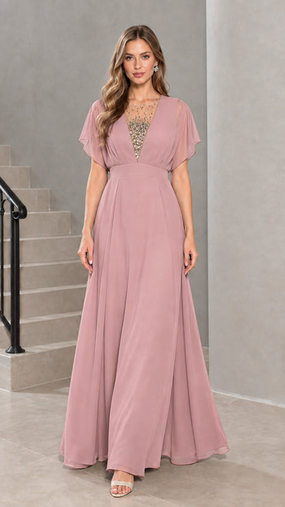 Front view of model wearing dusty rose flutter sleeve chiffon evening gown