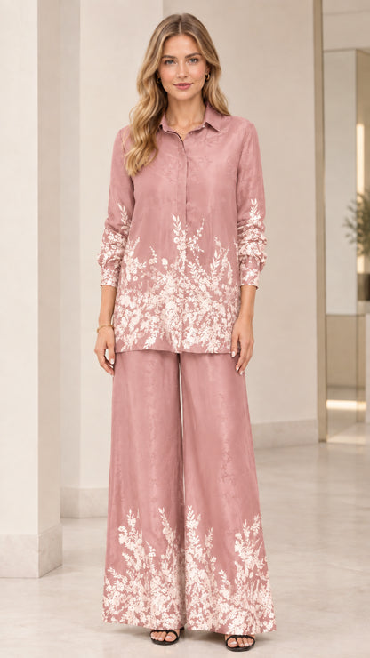 Front full view of women's floral satin two-piece pant set in dusty pink