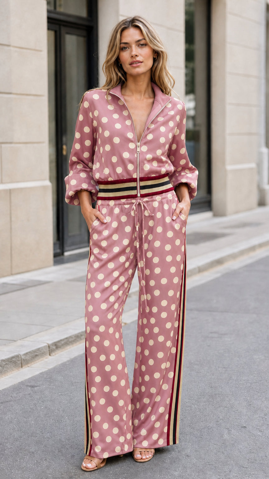 Full front view of woman wearing dusty rose pink polka dot two-piece track set