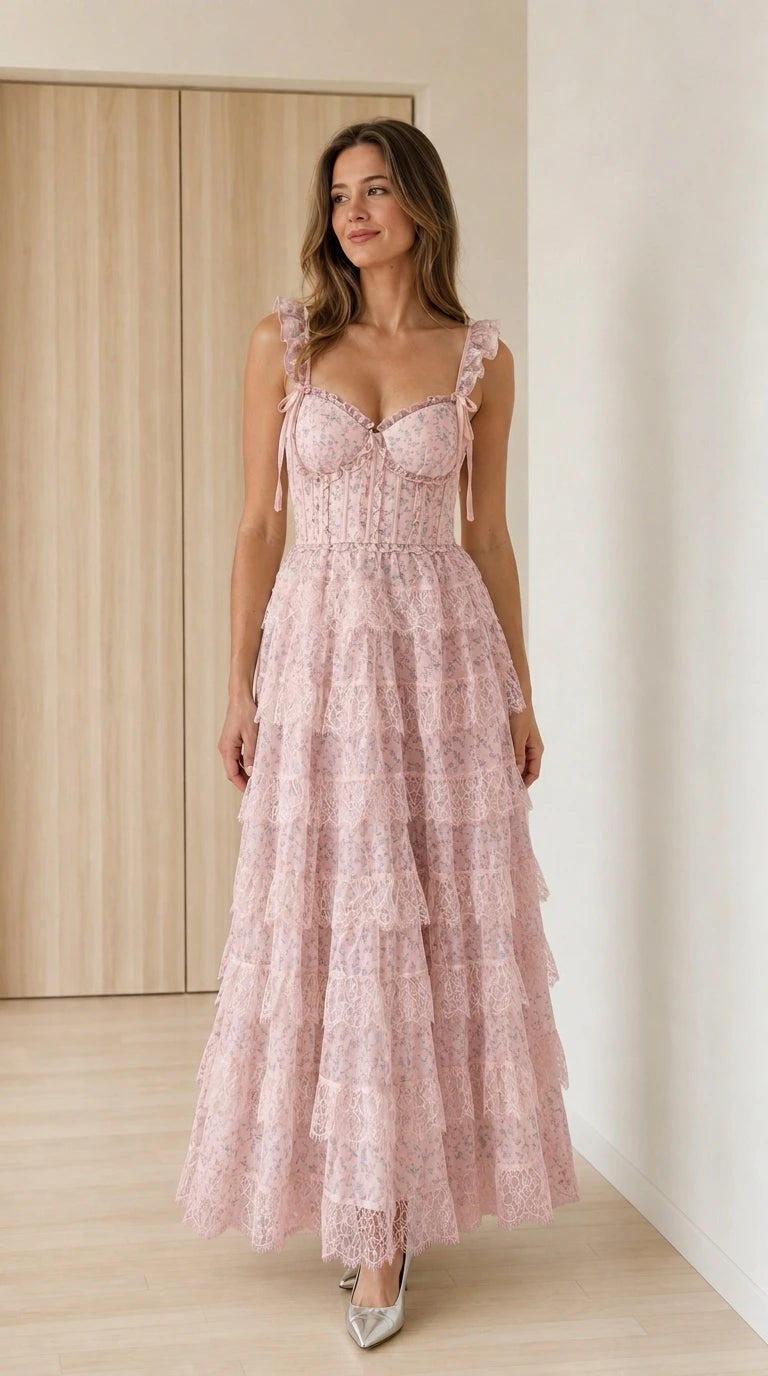 Front full view of pink floral lace tiered maxi dress