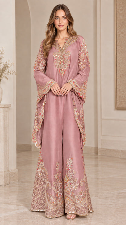 Dusty rose embroidered two-piece tunic and pant suit set