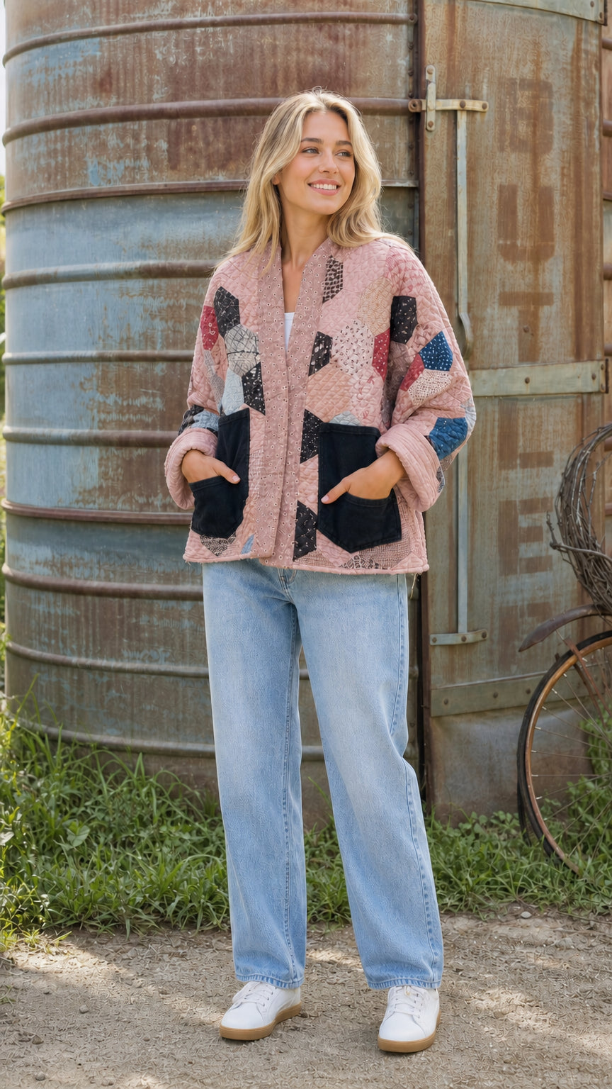 Dusty pink hexagon patchwork quilted jacket on model