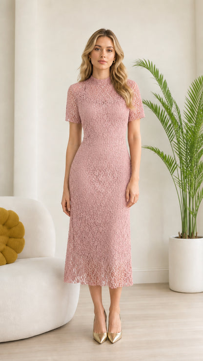 Front view of model wearing Dusty Pink floral lace short sleeve midi dress