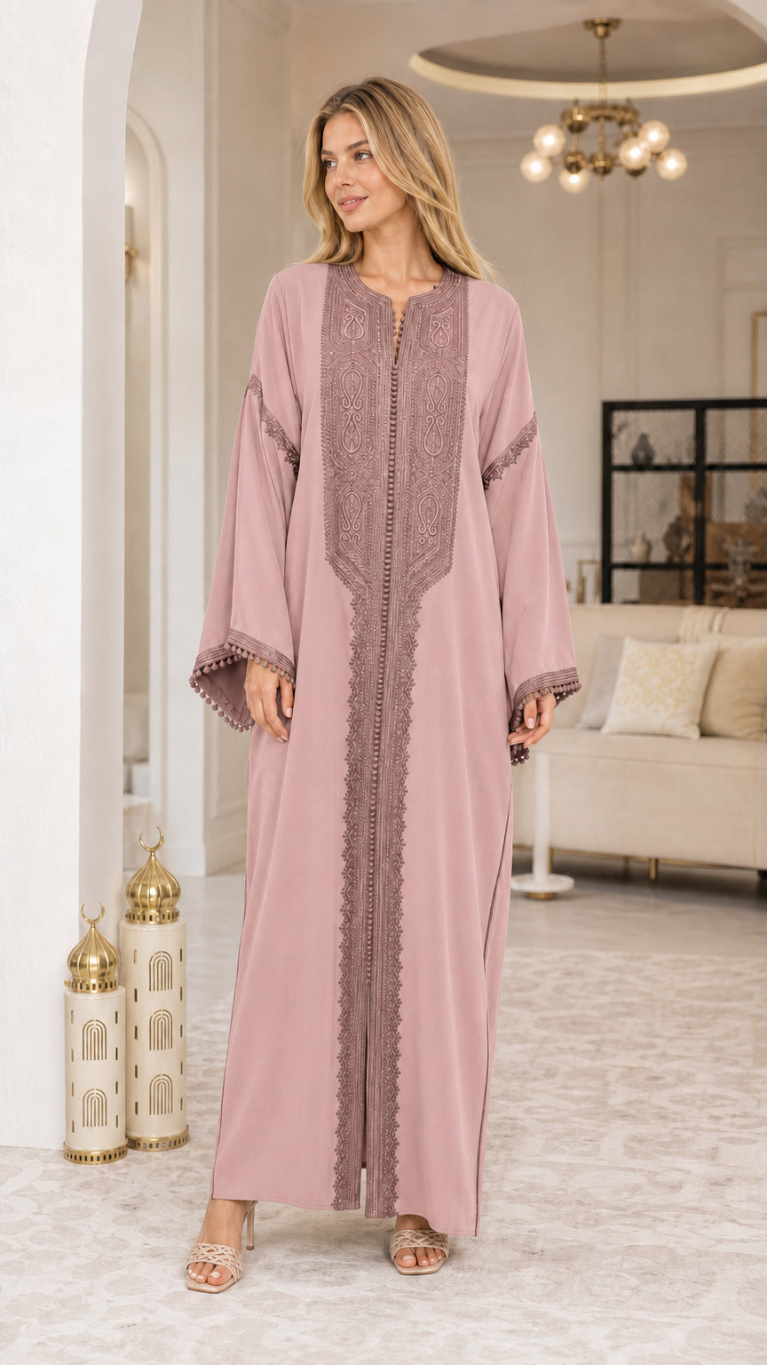 Model wearing Dusty Pink modest embroidered maxi dress