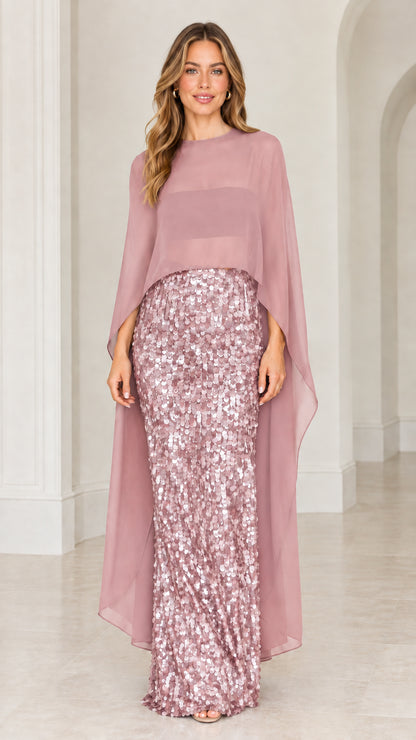 Dusty rose sequin maxi evening dress with sheer pink cape overlay
