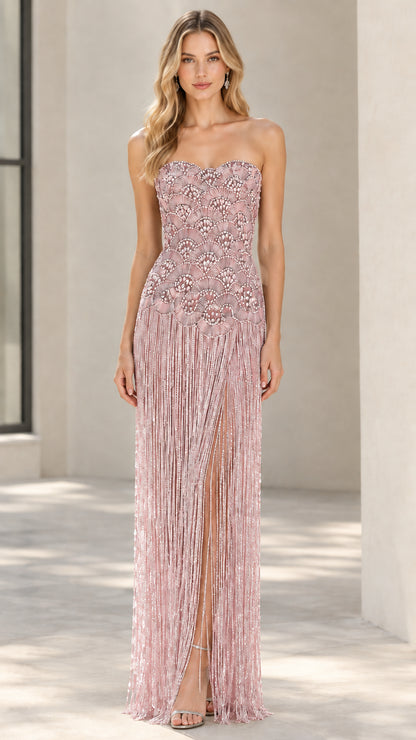 Blush Pink strapless beaded fringe maxi dress
