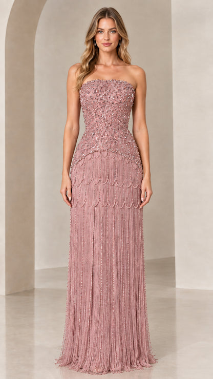 Front view of strapless beaded fringe evening gown in dusty rose