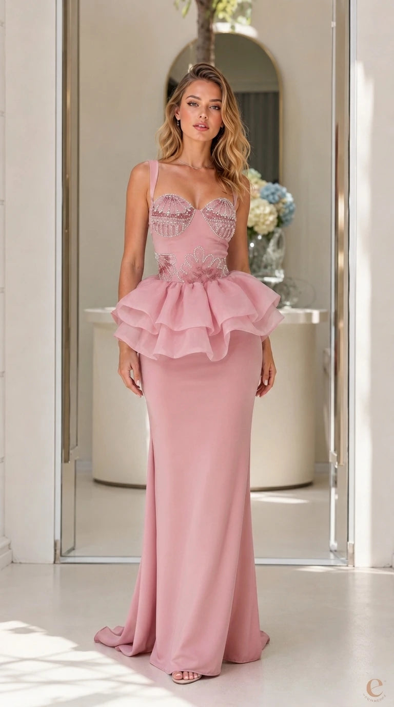 Front view of dusty rose evening dress with peplum waist
