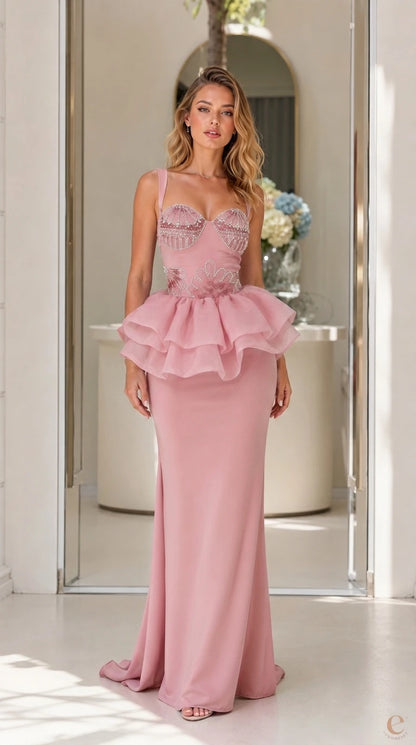 Front view of dusty rose evening dress with peplum waist