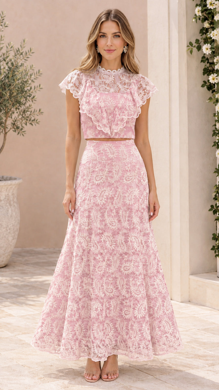 Pink two-piece paisley lace crop top and maxi skirt set