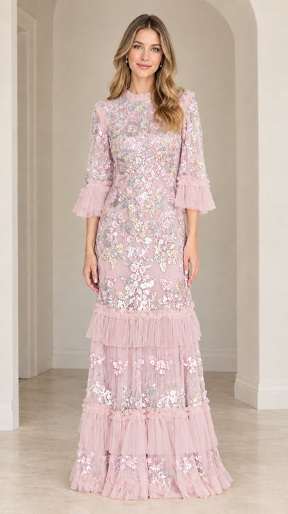 Blush Pink floral sequin embroidered tiered maxi evening gown