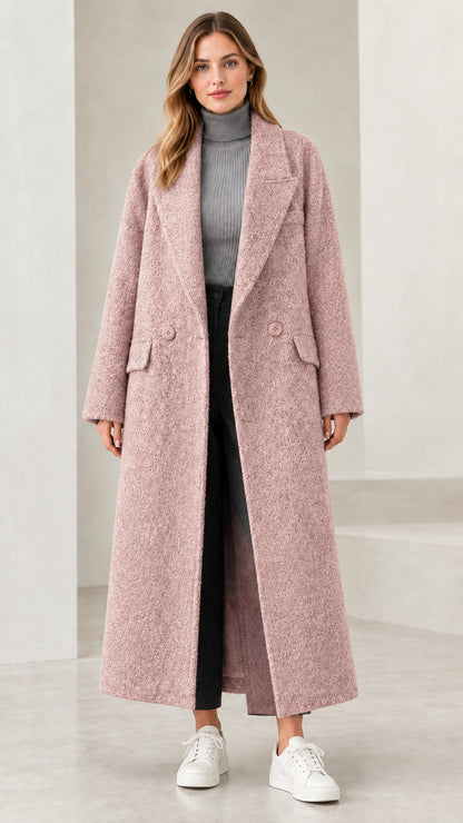 Front view of woman wearing dusty pink longline bouclé overcoat
