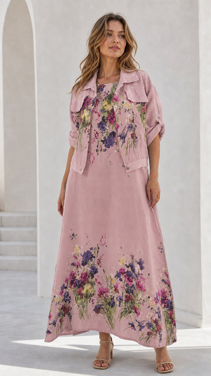 Women's dusty pink floral maxi dress and cropped jacket set
