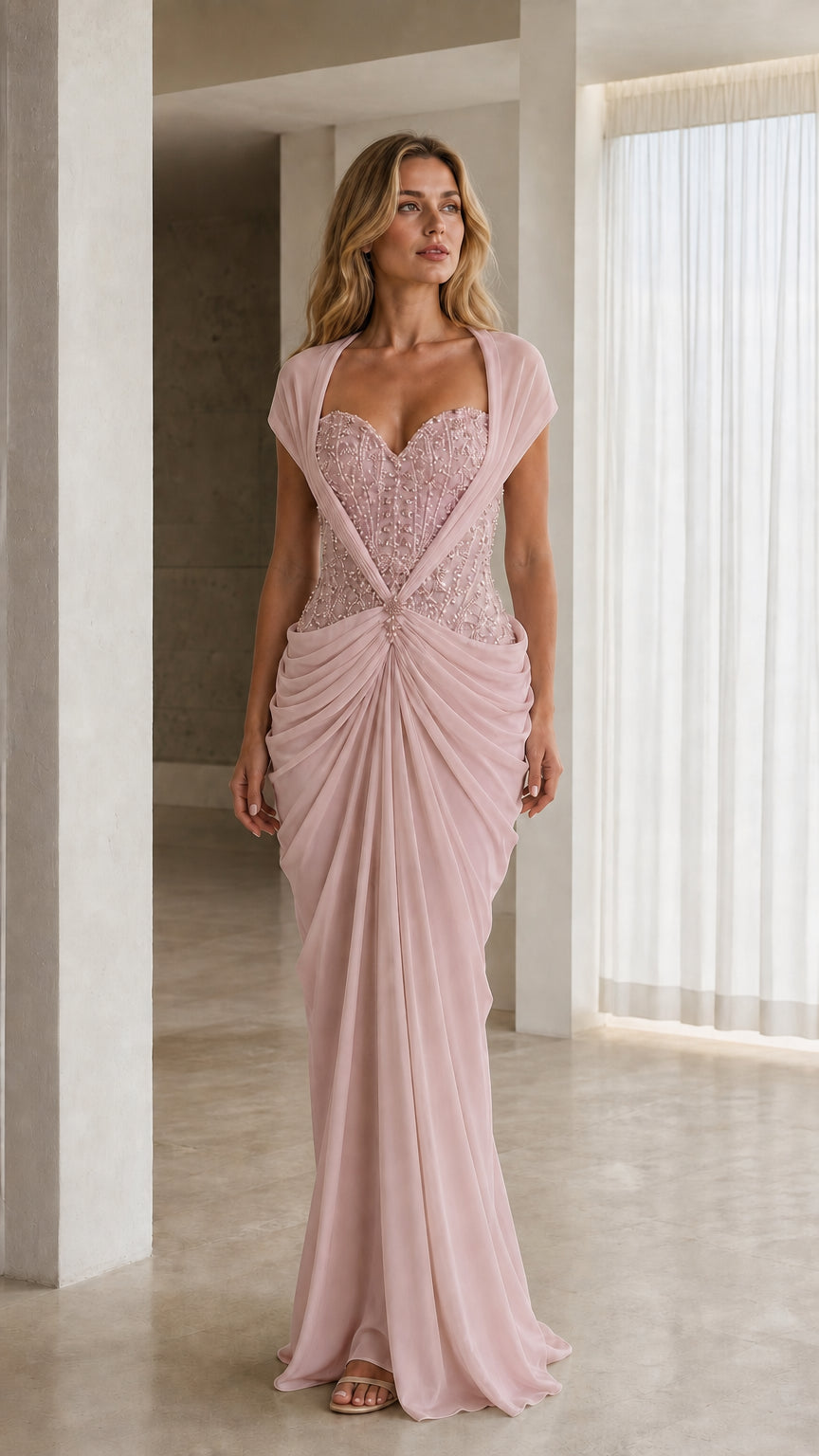 Front view of model in blush pink beaded sweetheart evening gown