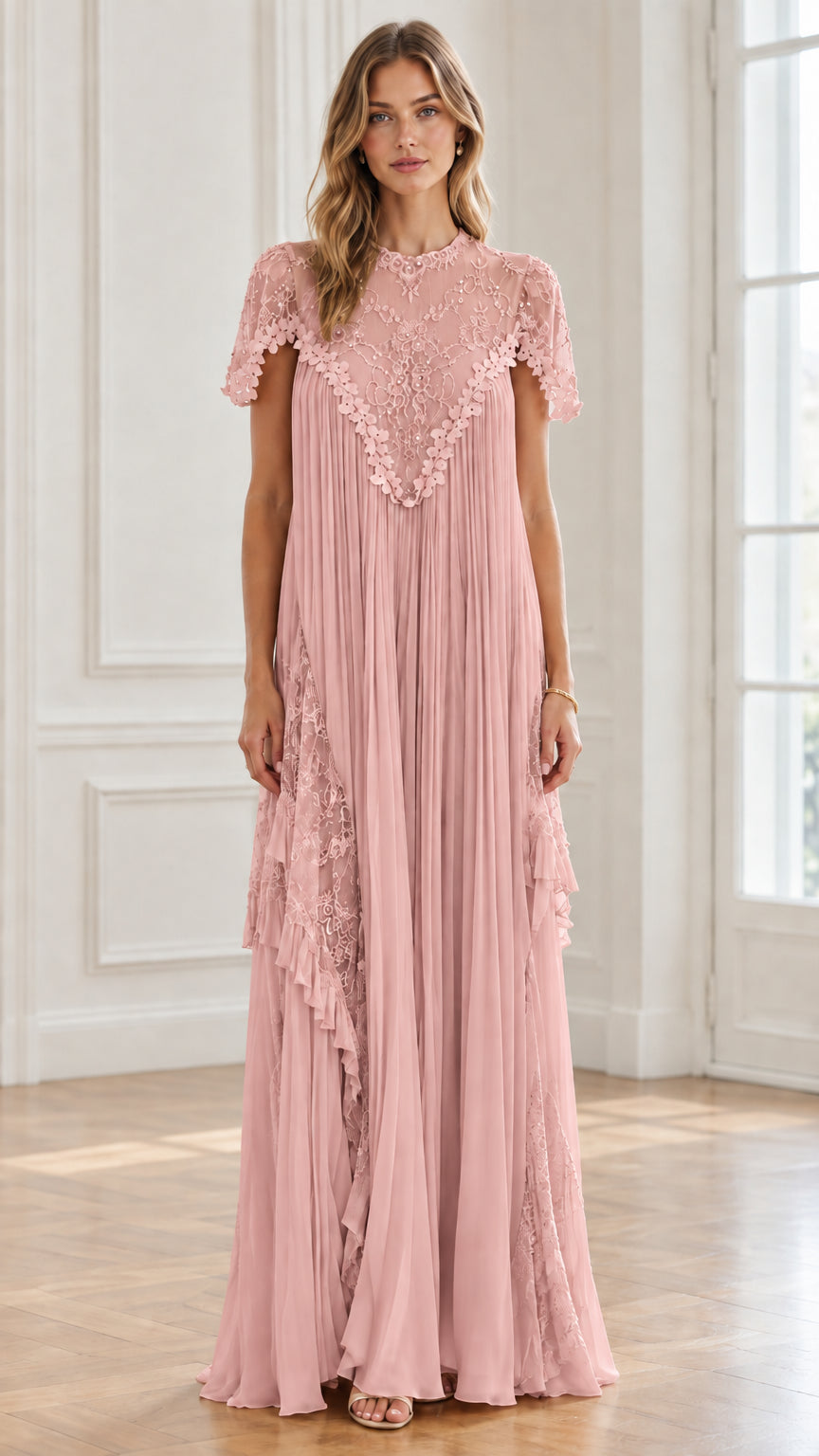 Dusty pink romantic lace yoke pleated maxi dress