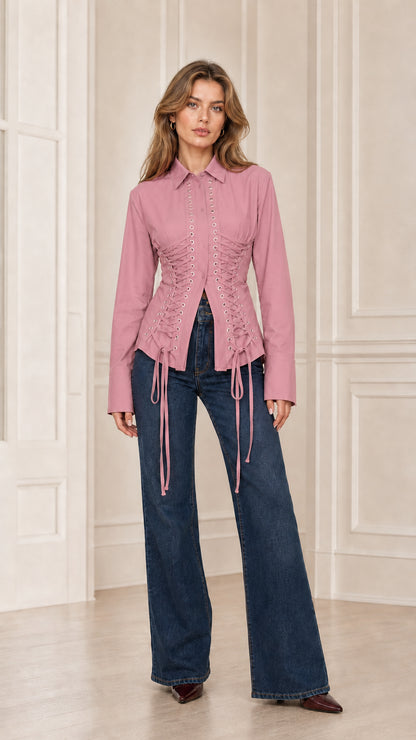 Front view of dusty pink long sleeve corset lace-up button-down blouse