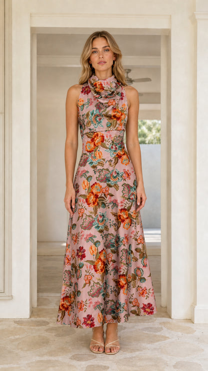 Front view of pink floral maxi dress