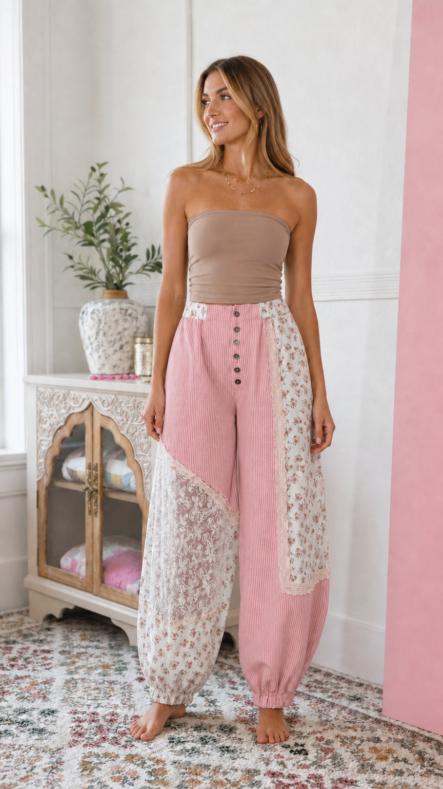 Dusty pink floral patchwork balloon pants with elastic waist and ankles