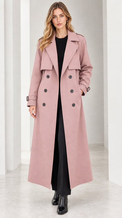 Front view of woman wearing dusty pink maxi double-breasted trench coat
