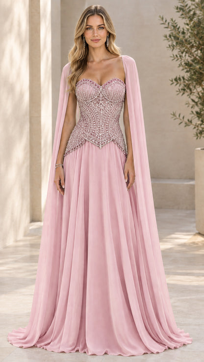 Dusty Pink embellished corset formal evening dress with cape drapes
