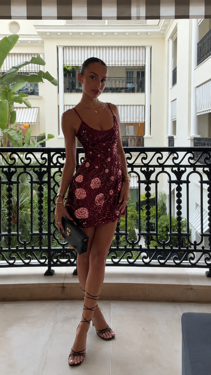 Burgundy sequin floral spaghetti strap mini dress front view