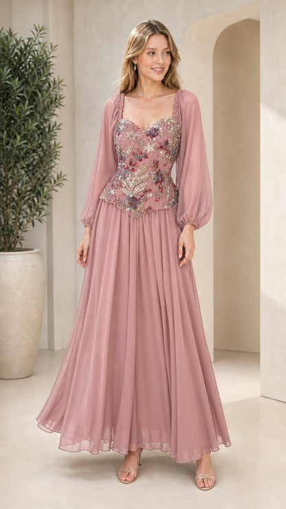 Dusty rose formal chiffon maxi dress with embroidered floral bodice