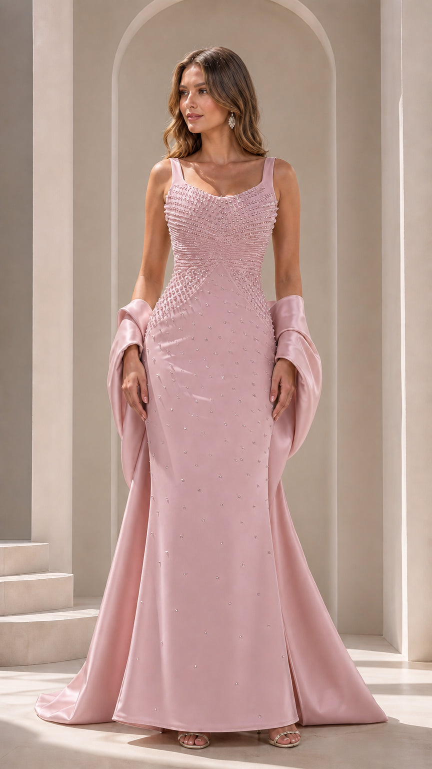 Blush Pink pearl-beaded formal mermaid dress with matching wrap
