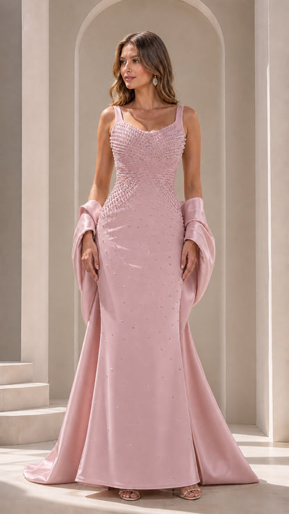 Blush Pink pearl-beaded formal mermaid dress with matching wrap