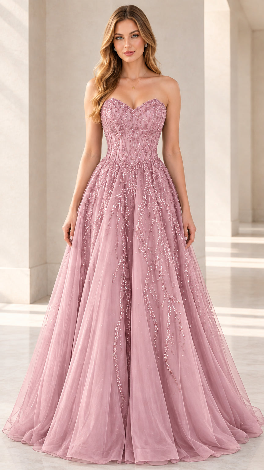 Dusty rose pink strapless sequin tulle ball gown