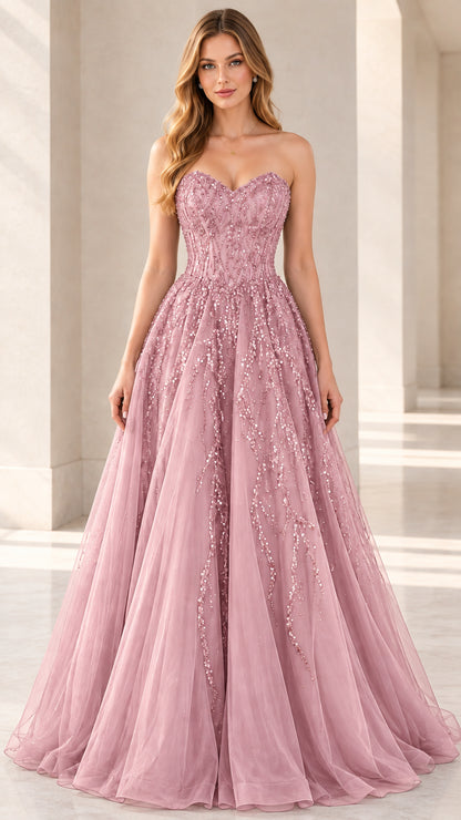 Dusty rose pink strapless sequin tulle ball gown