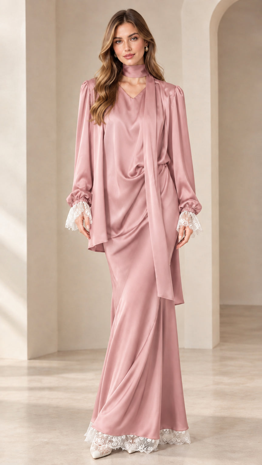 Dusty Rose elegant long sleeve satin draped maxi gown set with lace detailing