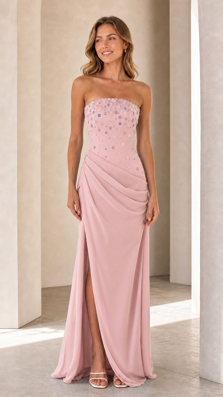 Model wearing Blush Pink strapless crystal embellished evening gown with draped slit skirt
