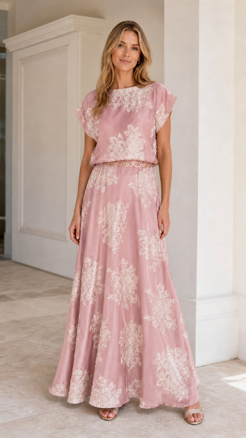 Model wearing Pink floral embroidered maxi dress