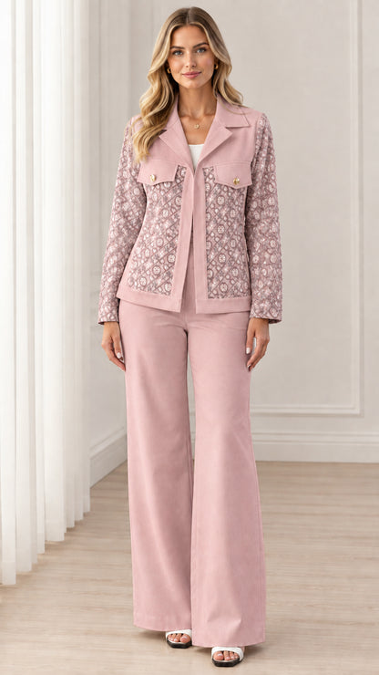 Full view of women's dusty pink two-piece blazer and wide-leg pants set