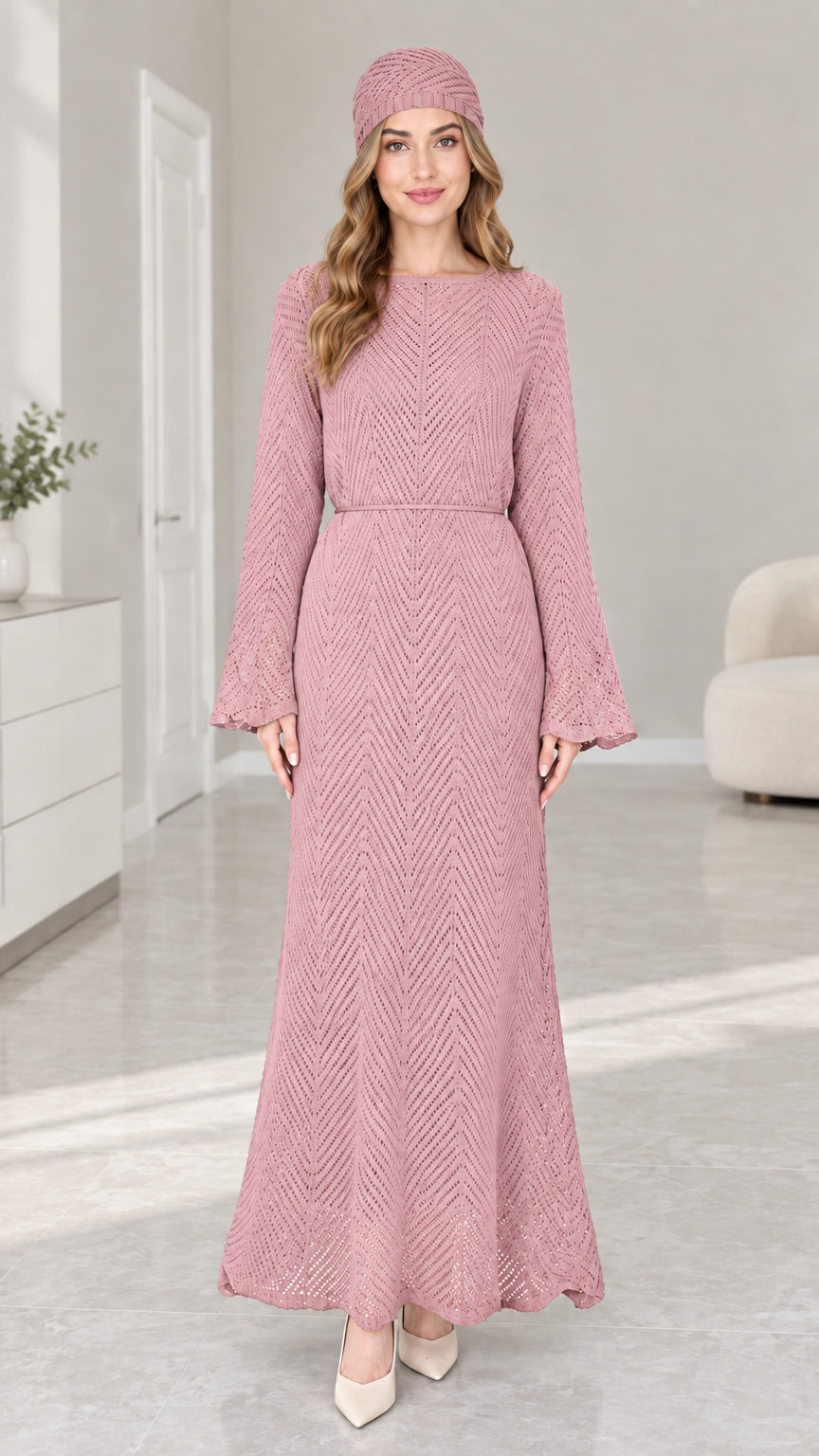 Front view of woman wearing Dusty Pink pointelle knit bell sleeve maxi dress