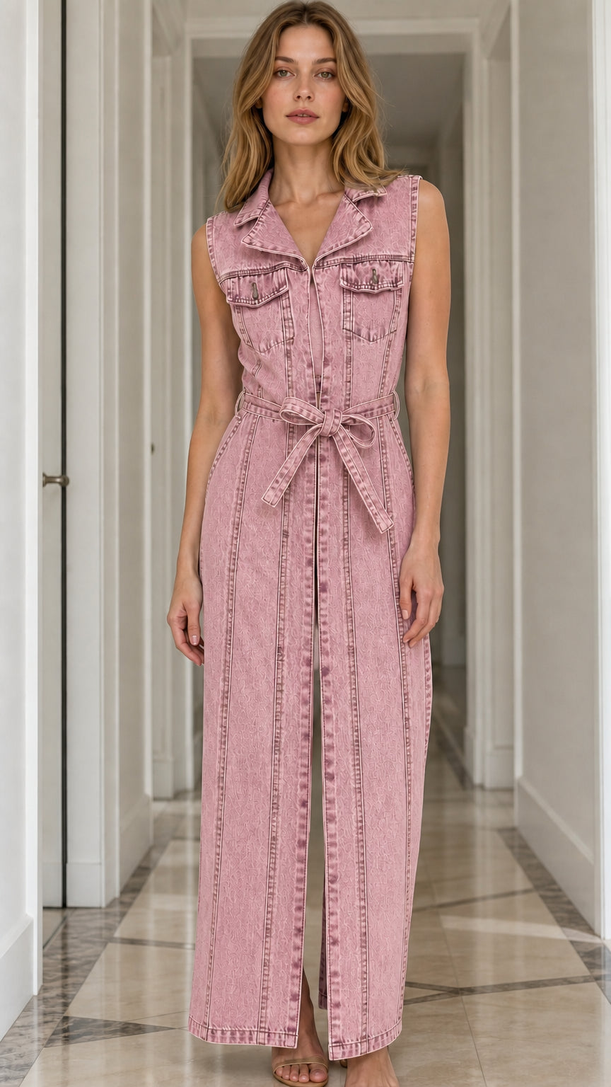 Model wearing pink denim maxi dress