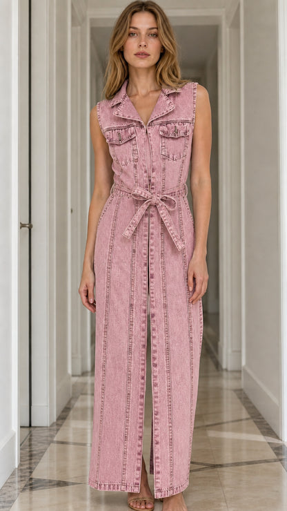 Model wearing pink denim maxi dress