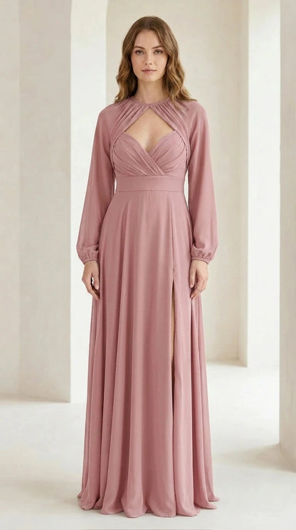 Front view of dusty pink long sleeve cutout maxi dress