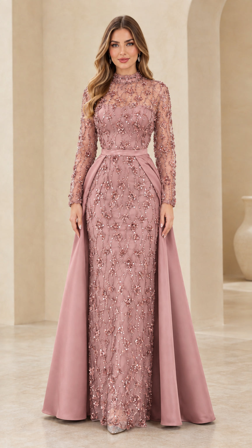 Dusty rose pink sequin lace formal gown with matching satin overskirt