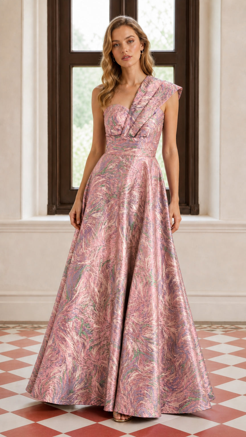 One-Shoulder Pleated Metallic A-Line Maxi Evening Gown in Pink