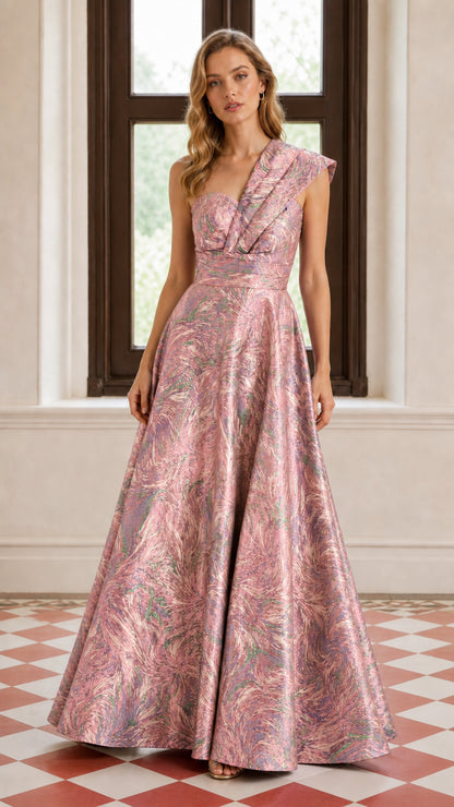 One-Shoulder Pleated Metallic A-Line Maxi Evening Gown in Pink